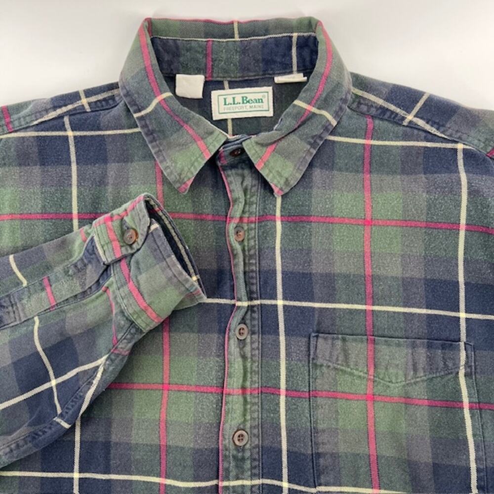 VTG LL Bean Plaid Button Up Shirt Mens L-Tall Green Blue Windowpane Outdoor USA